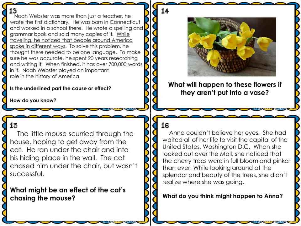 Cause-and-effect cards 13–16 feature Noah Webster, cut flowers, a cat chasing a mouse, and a distracted tourist