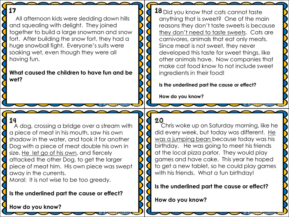 Cause-and-effect cards 17–20 cover snow play, cats' sense of taste, a dog losing meat, and birthday excitement