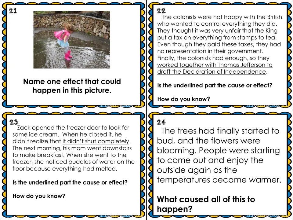 Cause-and-effect cards 21–24 cover puddle jumping, colonial independence, an open freezer, and spring changes