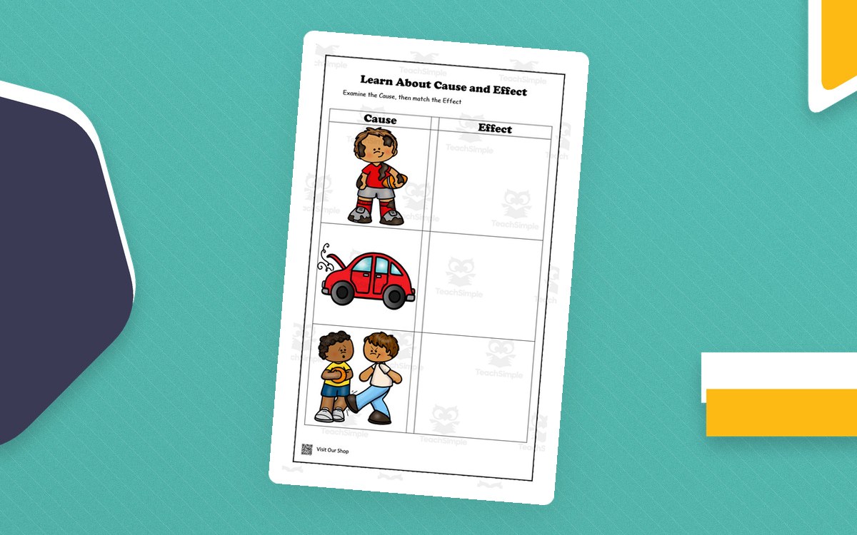Cause and Effect first image with a two-column organizer and child, car, and playground pictures