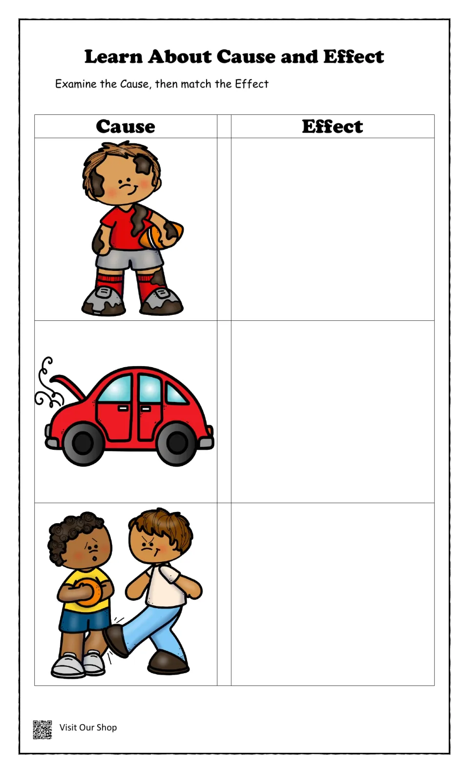 Cause and effect matching: students study a muddy boy, a smoking car and a boy tripping a friend, then match each effect