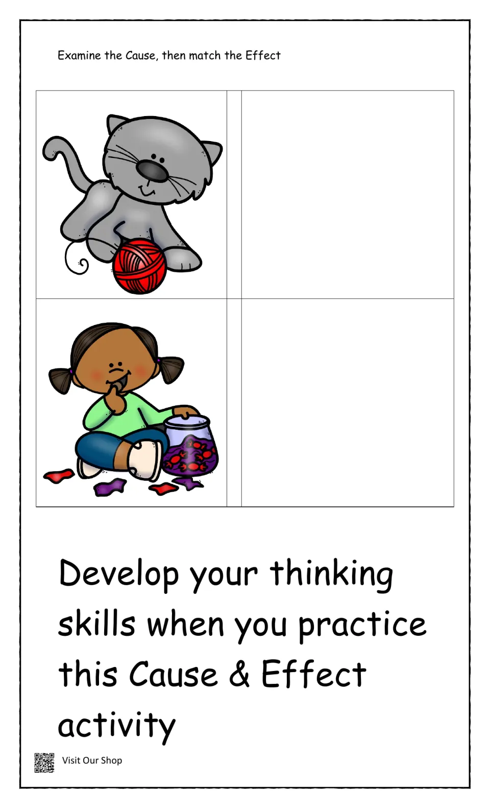 Two more causes, a cat by a ball of yarn and a girl eating from a candy jar, for students to match to their effects