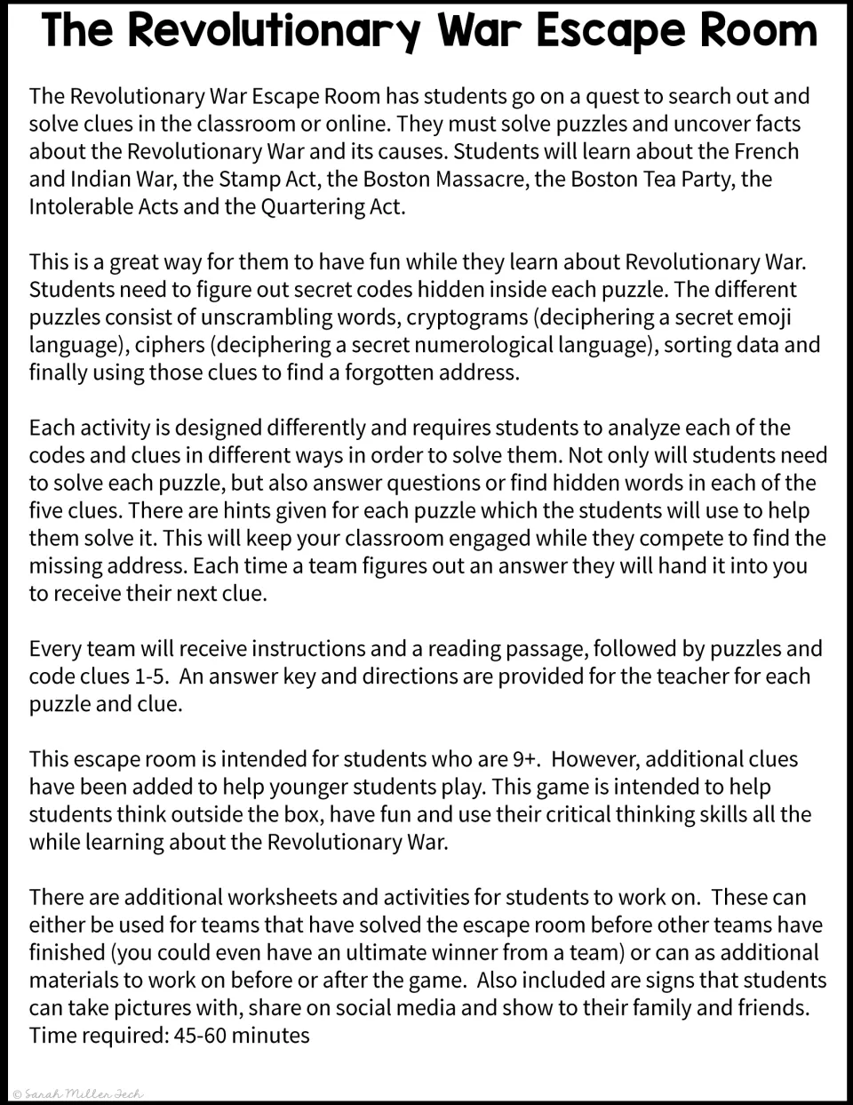 Escape room overview explaining five clues, word scrambles, cryptograms, ciphers, and a missing address