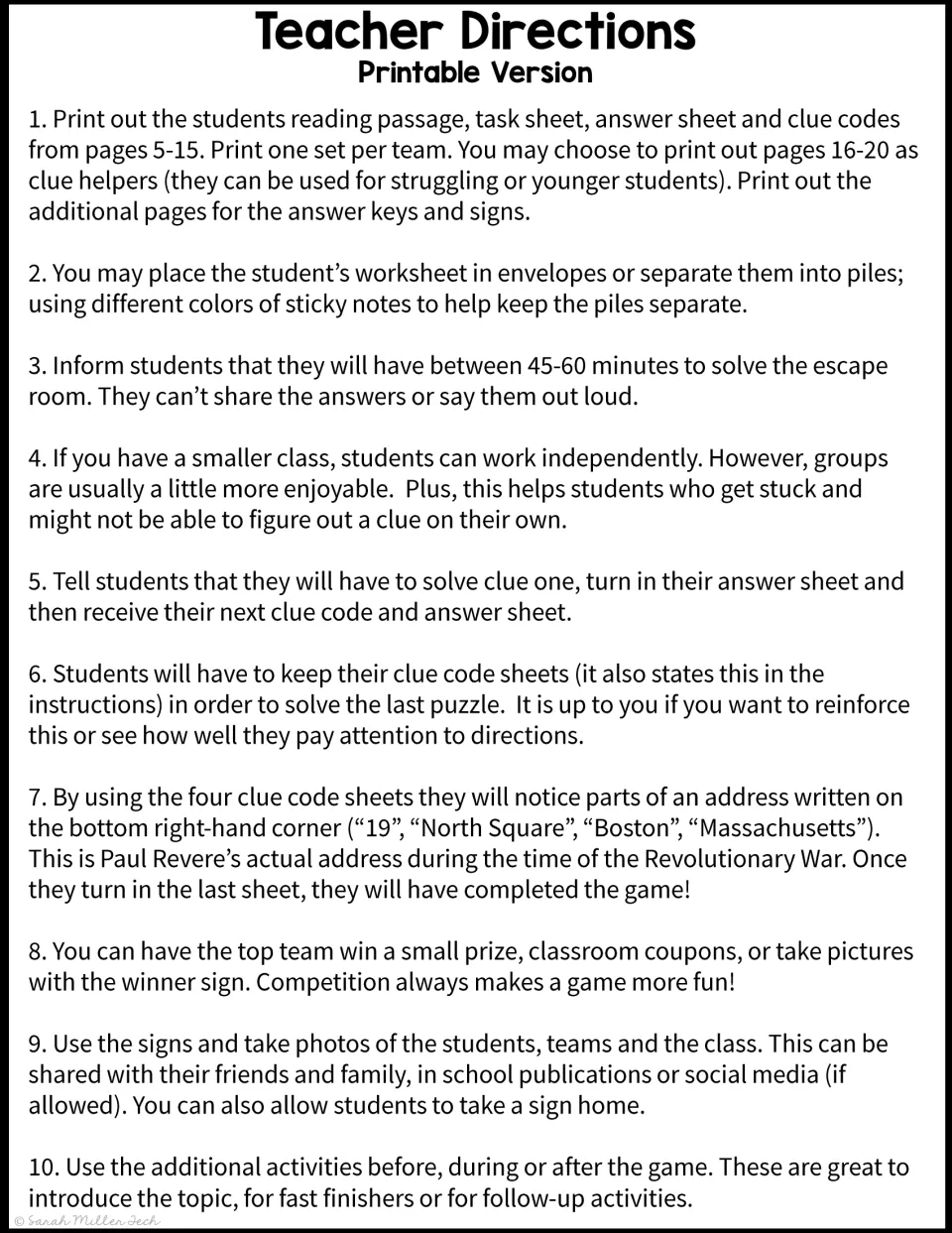 Printable escape room teacher directions covering team materials, clue exchanges, and the final address