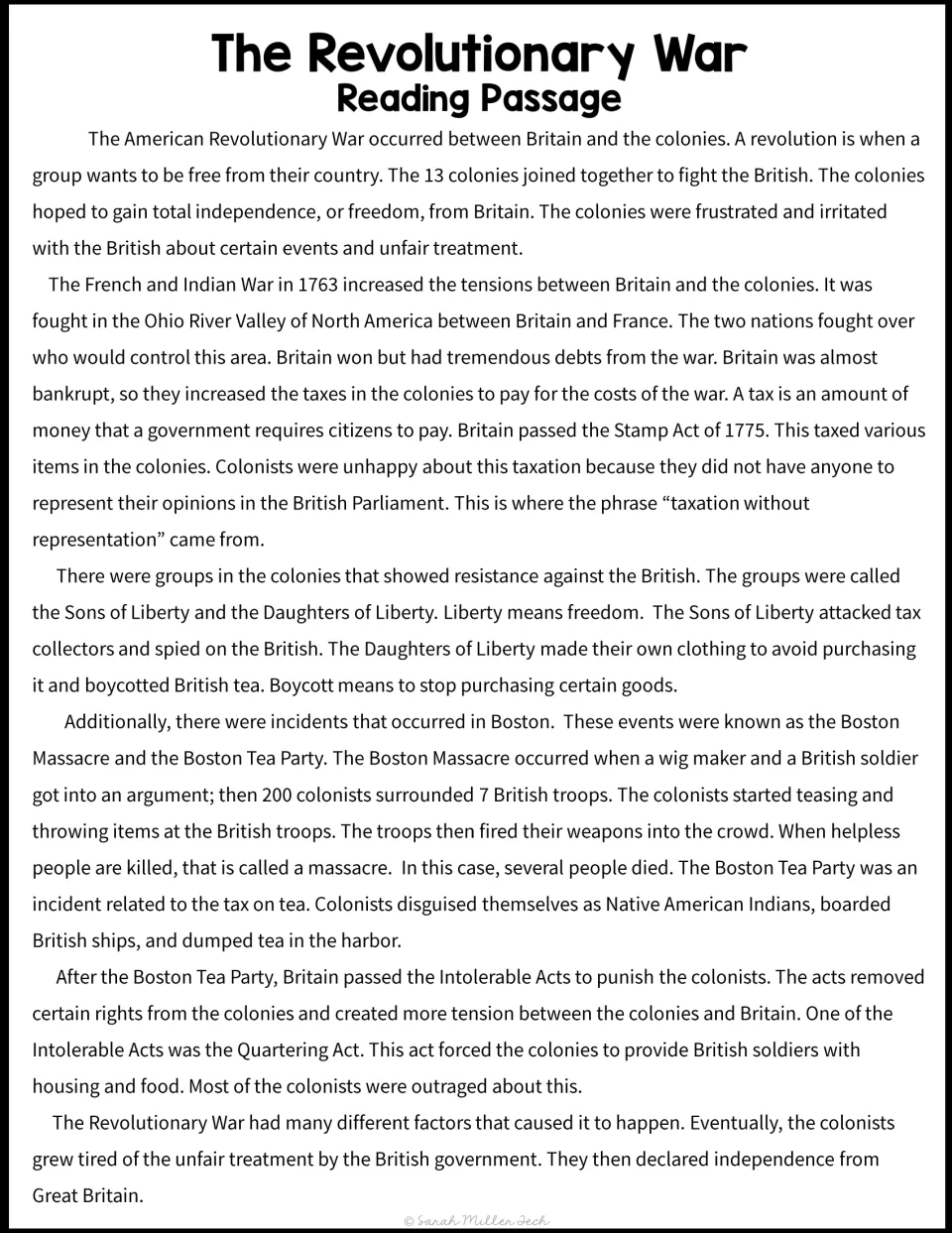 Escape room reading passage on colonial taxes, the Sons and Daughters of Liberty, and protests in Boston