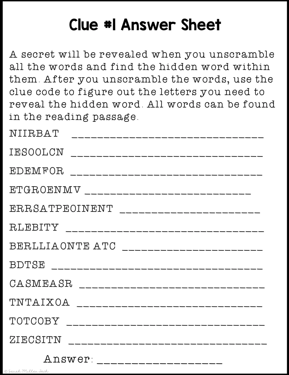 Clue 1 answer sheet asks students to unscramble 12 words from the reading and use a code to reveal a hidden word