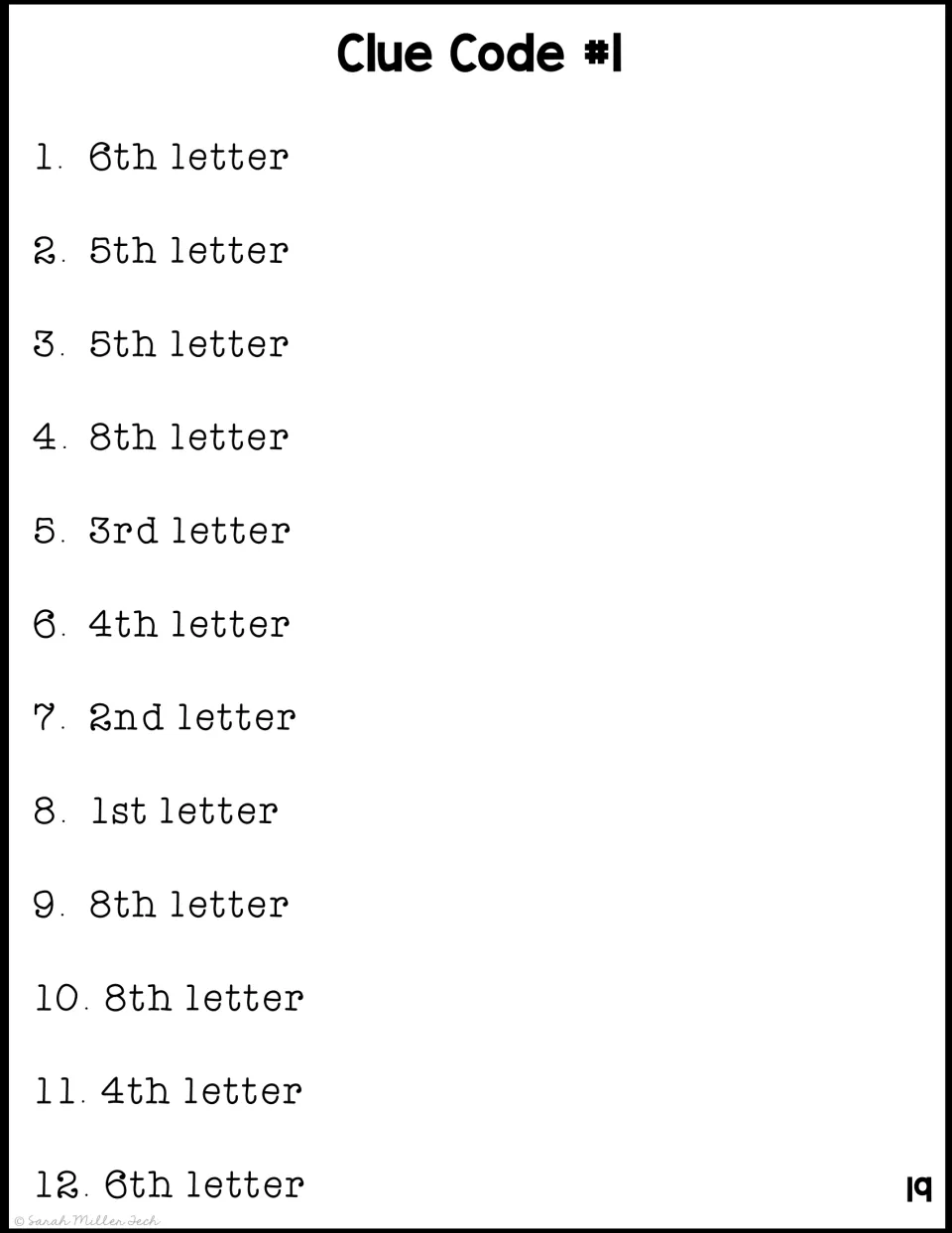 Clue Code 1 lists letter positions for 12 unscrambled words, starting with the sixth letter, and includes 19