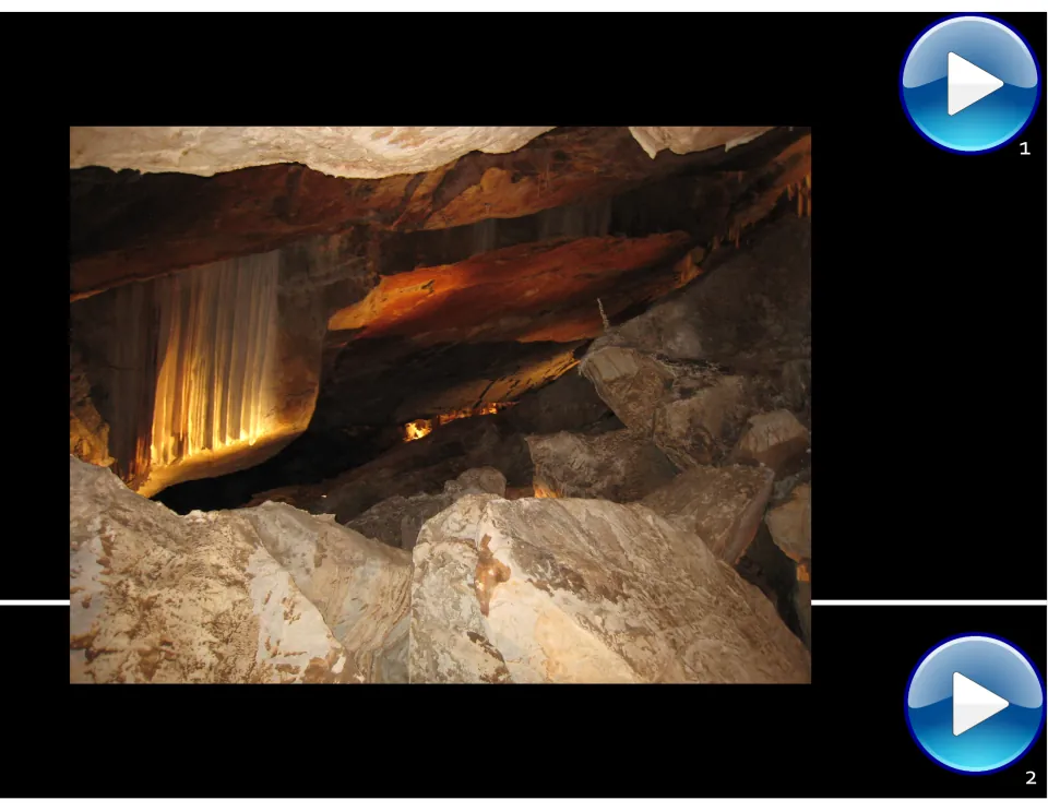 Cave lesson slide shows a cavern interior with illuminated rock formations and two numbered play icons.
