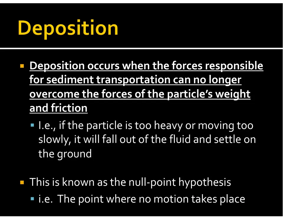 Deposition lesson slide explains when transported sediment settles and introduces the null-point hypothesis.