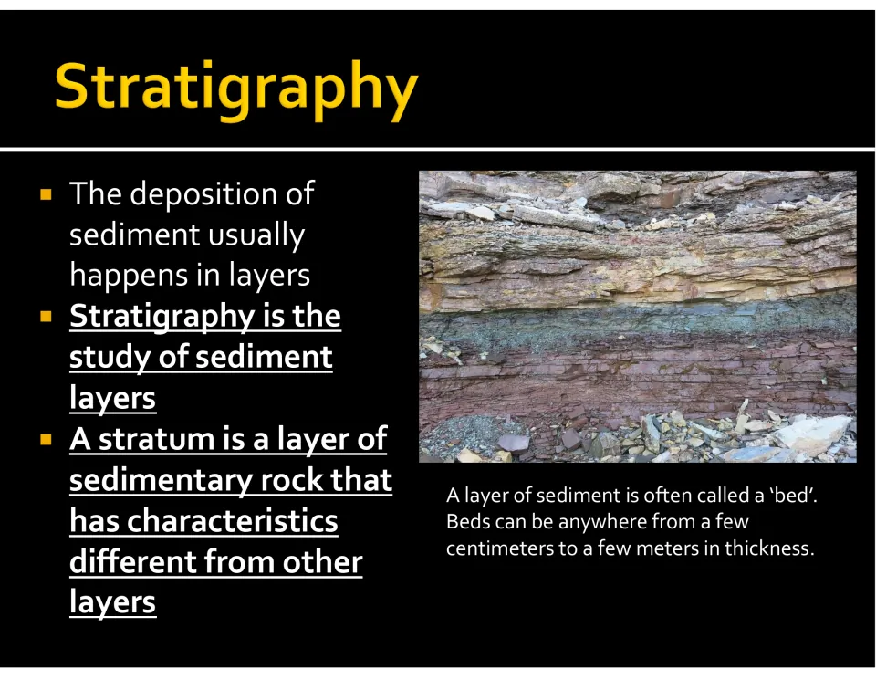 Stratigraphy lesson slide defines sediment layers and a stratum, with a rock photograph and a note about beds.
