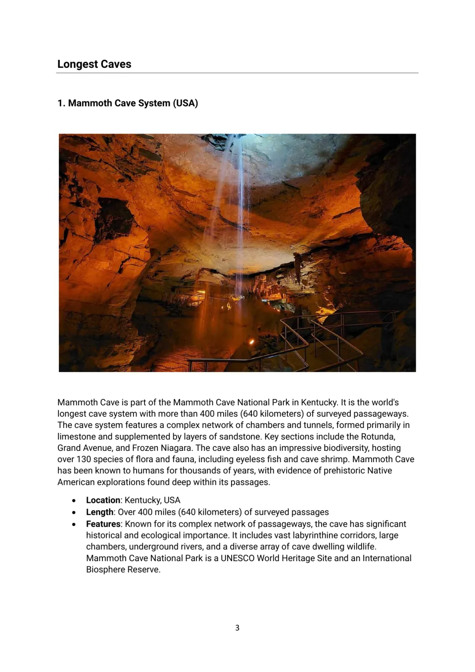 Mammoth Cave reading under Longest Caves, with a cave photograph, Kentucky location and passage lengths