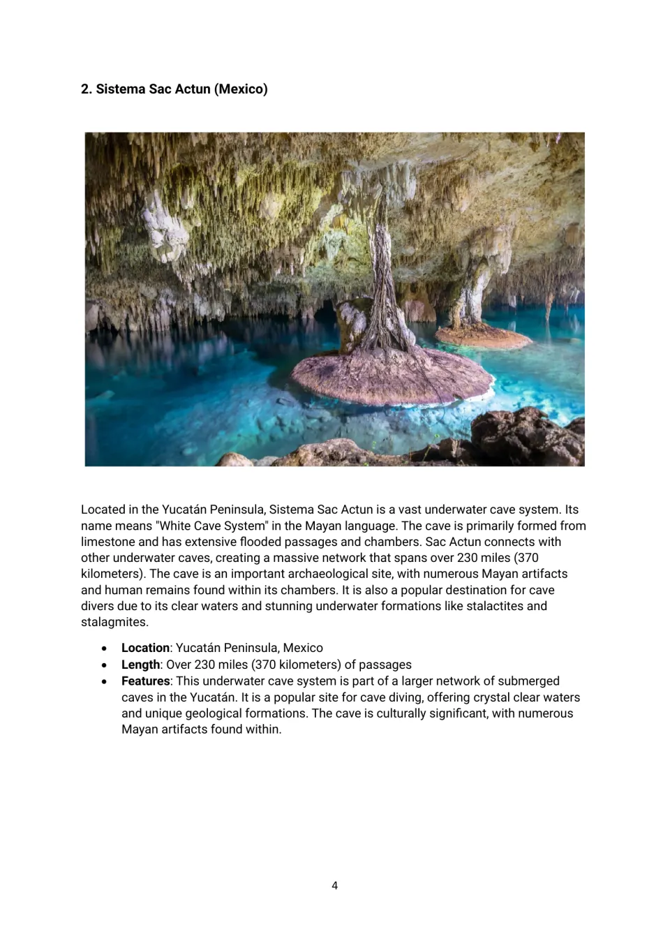 Sistema Sac Actun reading with a cave photograph, its Mexican location, flooded passages and Mayan artifacts