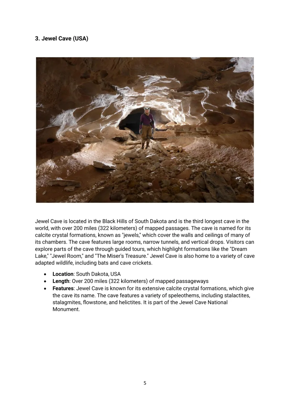 Jewel Cave reading with a cave photograph, its South Dakota location, calcite crystals and mapped passages