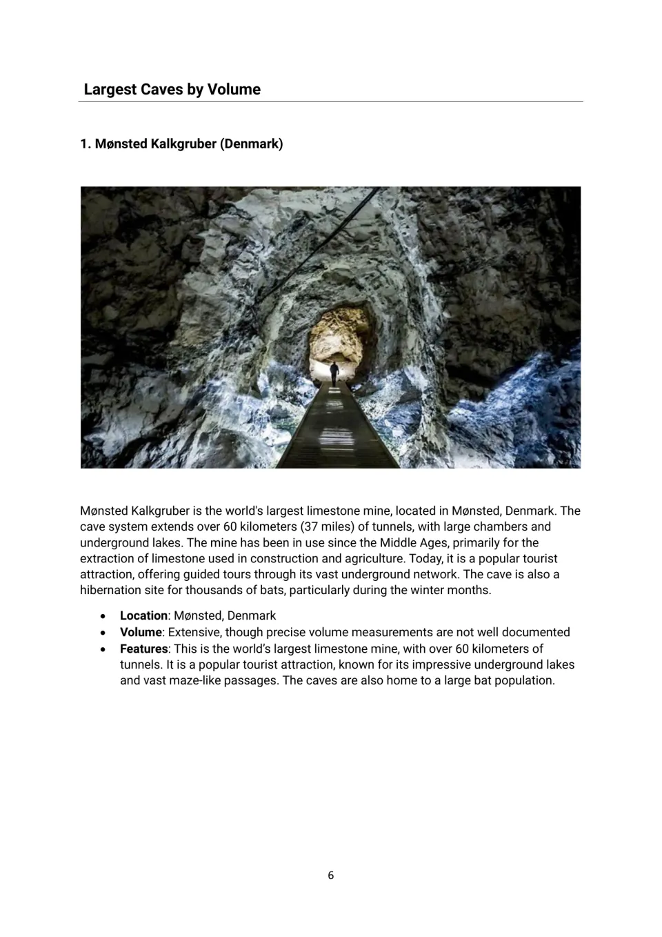Mønsted Kalkgruber reading in the cave volume section, with a mine photograph, Danish location and bat habitat