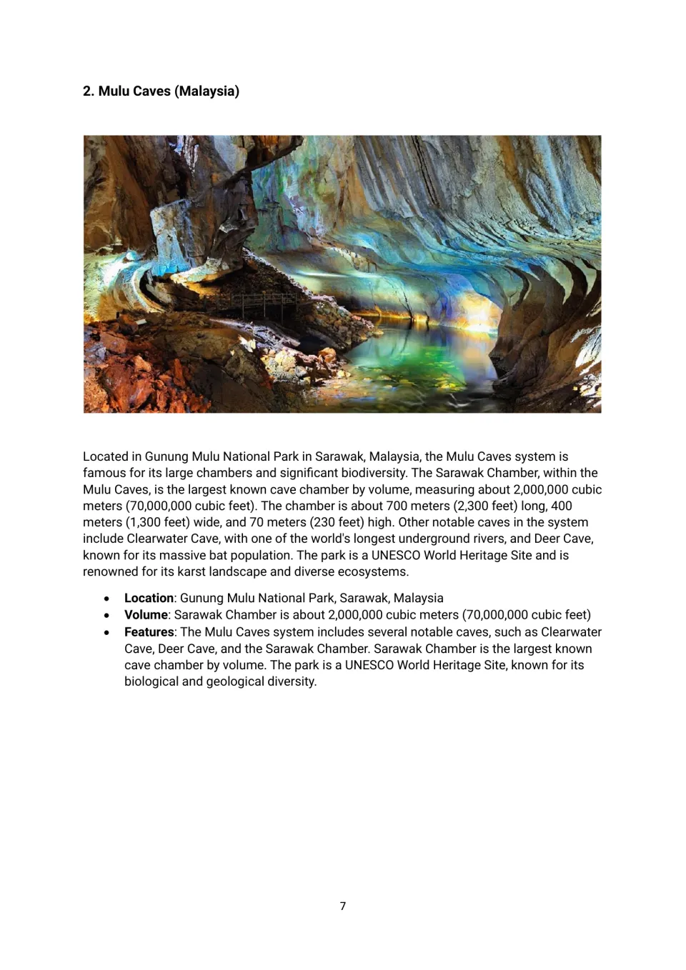 Mulu Caves reading with a cave photograph, its Malaysian location, Sarawak Chamber and underground rivers