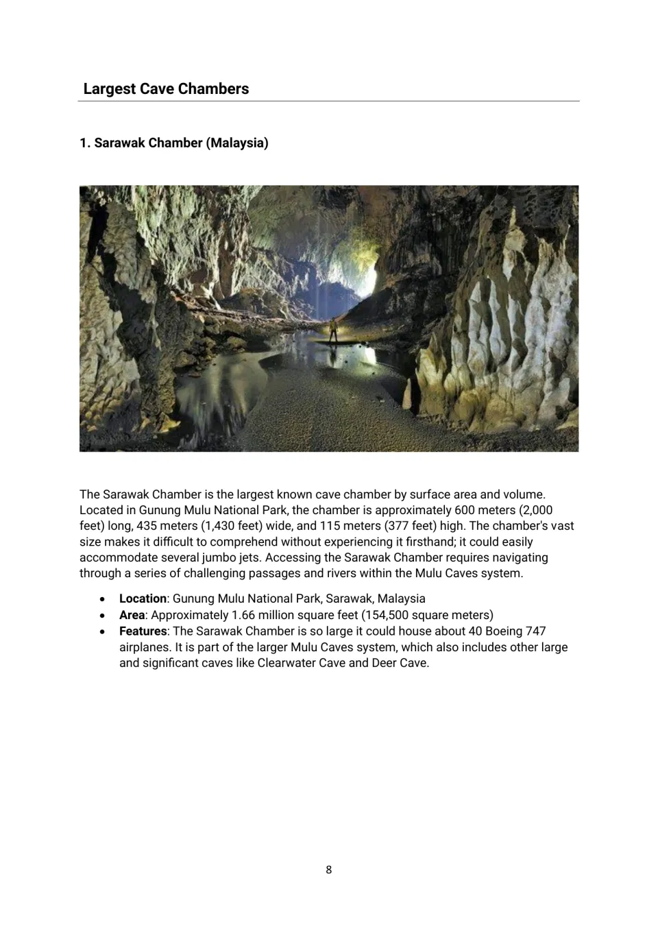 Sarawak Chamber reading in the cave chambers section, with a photograph, dimensions and Malaysian location
