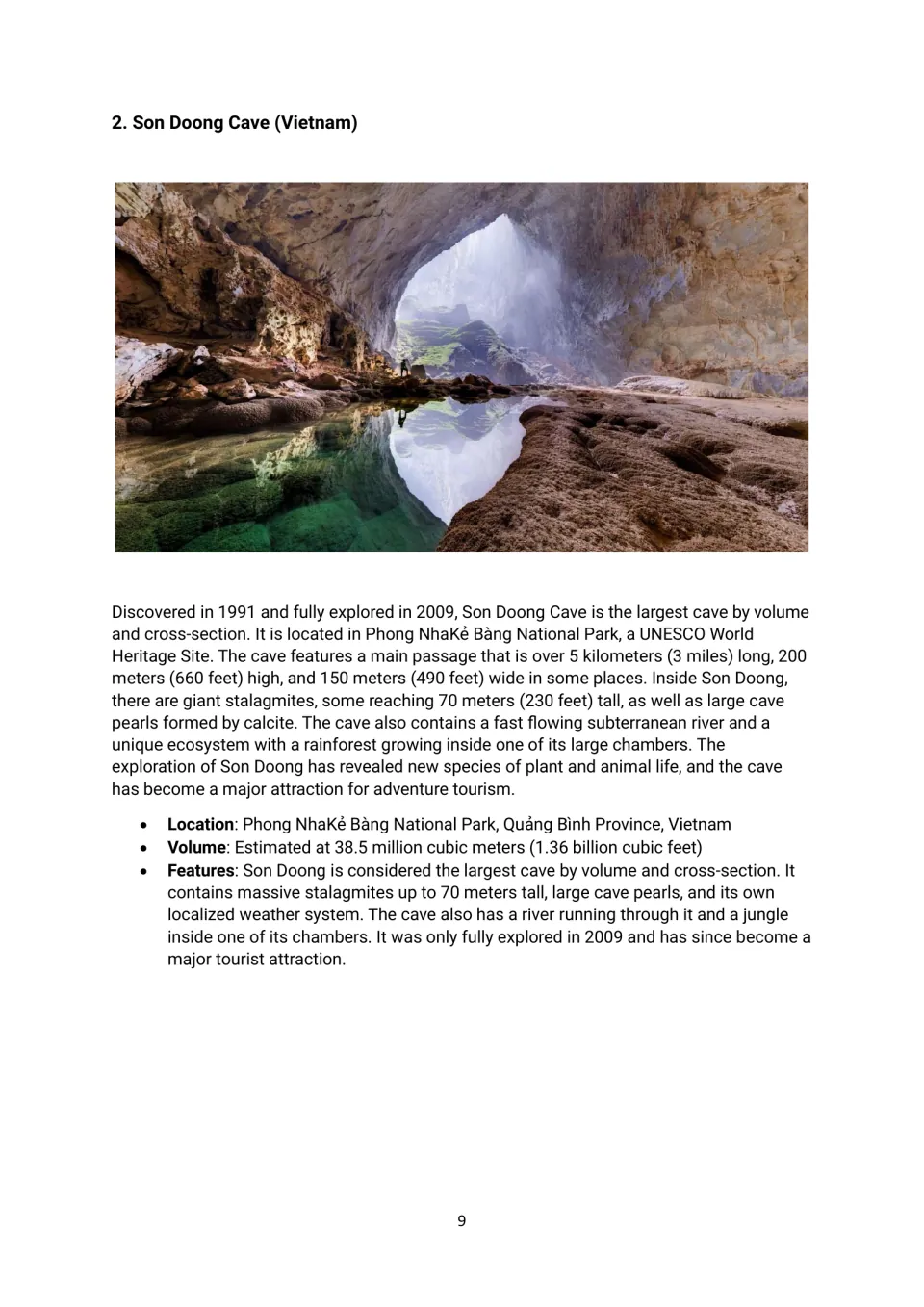 Son Doong Cave reading with a cave photograph, its Vietnamese location, giant stalagmites and indoor rainforest