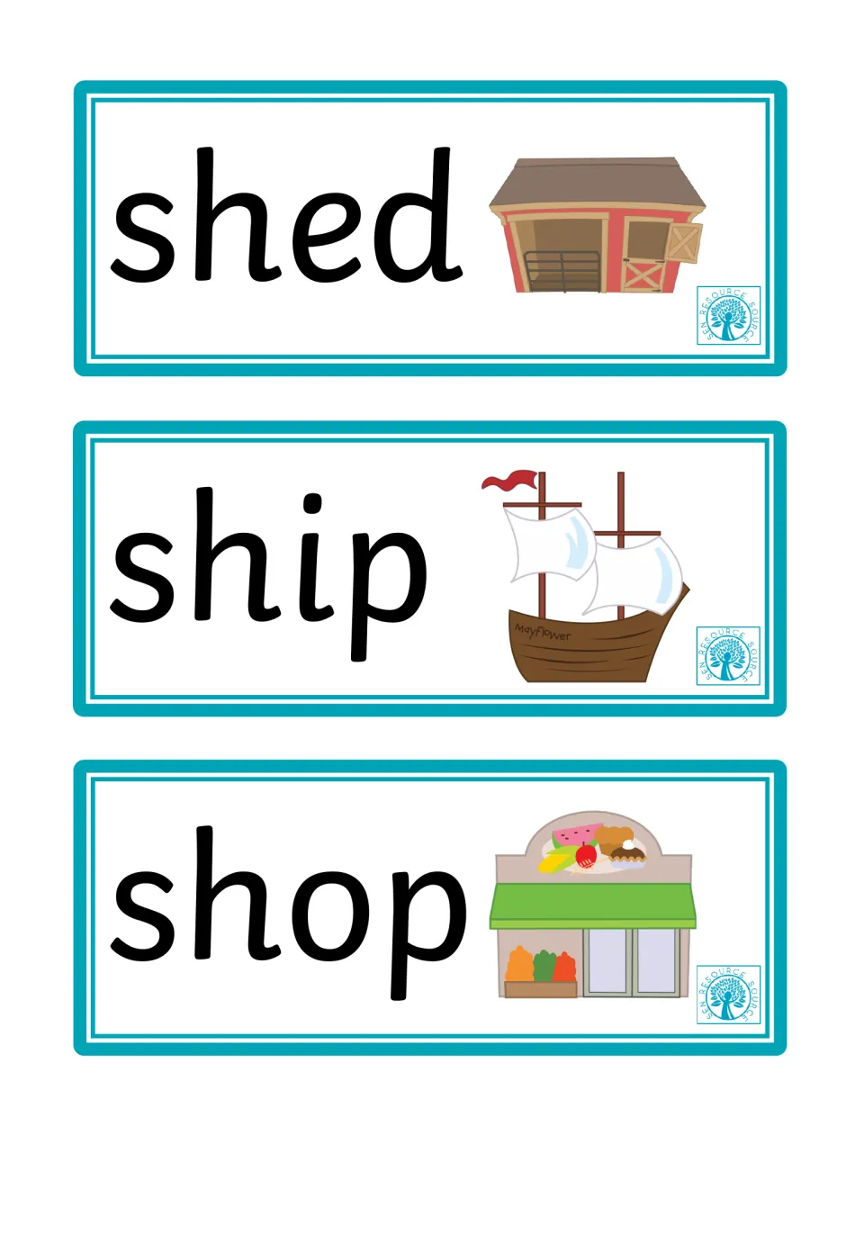 Word and picture flashcards 1–3: shed, ship, and shop, each paired with an illustration of its meaning