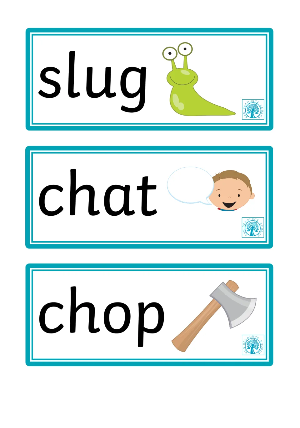 Word and picture flashcards 4–6: slug, chat, and chop, illustrated by a slug, speech bubble, and axe
