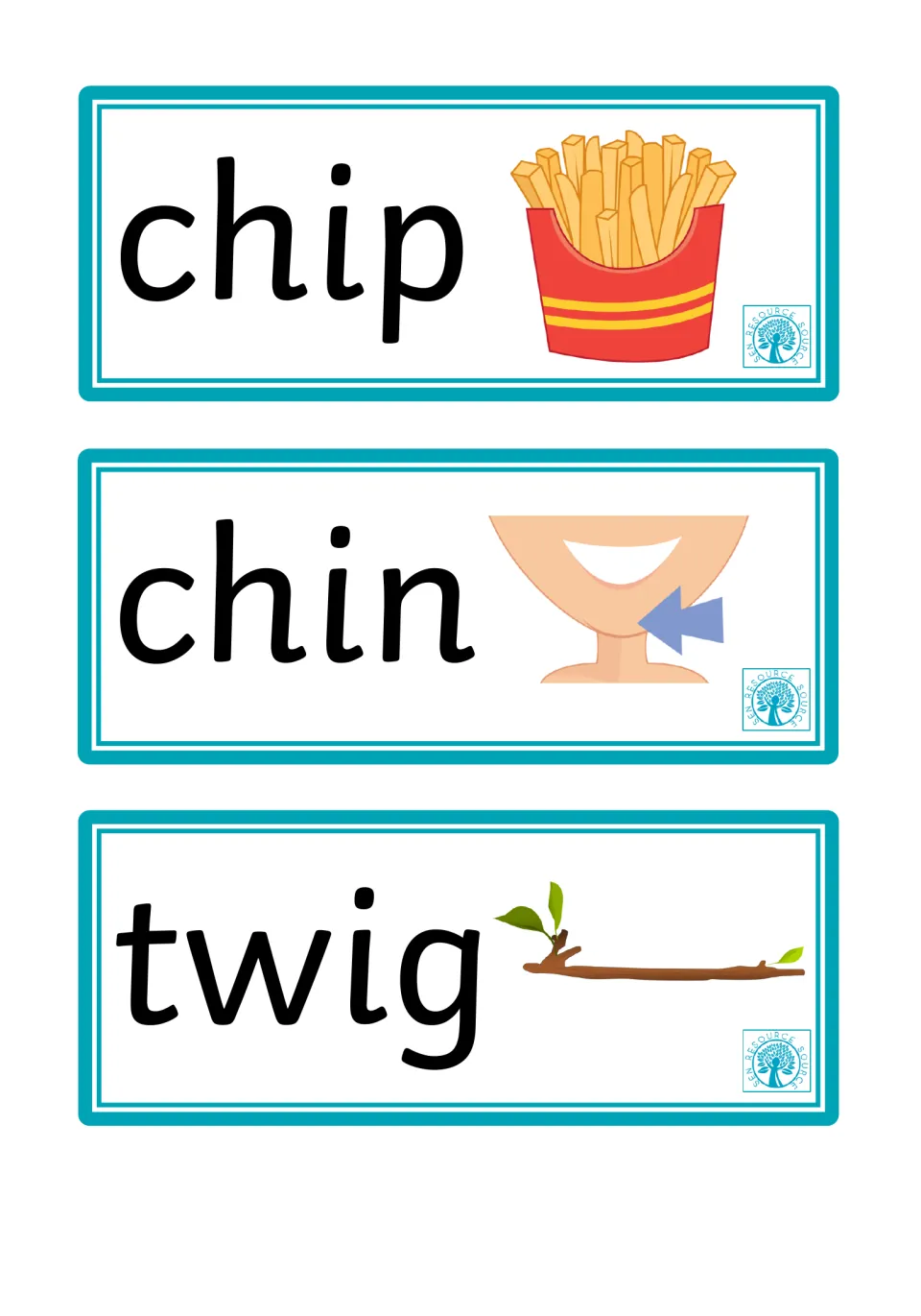Word and picture flashcards 7–9: chip, chin, and twig, with fries, an arrow pointing to a chin, and a twig
