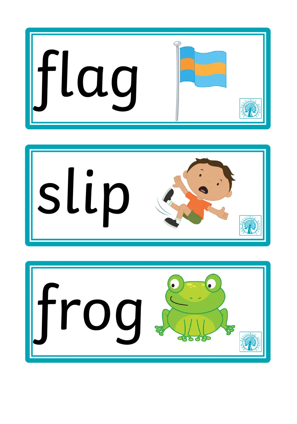 Word and picture flashcards 10–12: flag, slip, and frog, showing a flag, a slipping child, and a frog