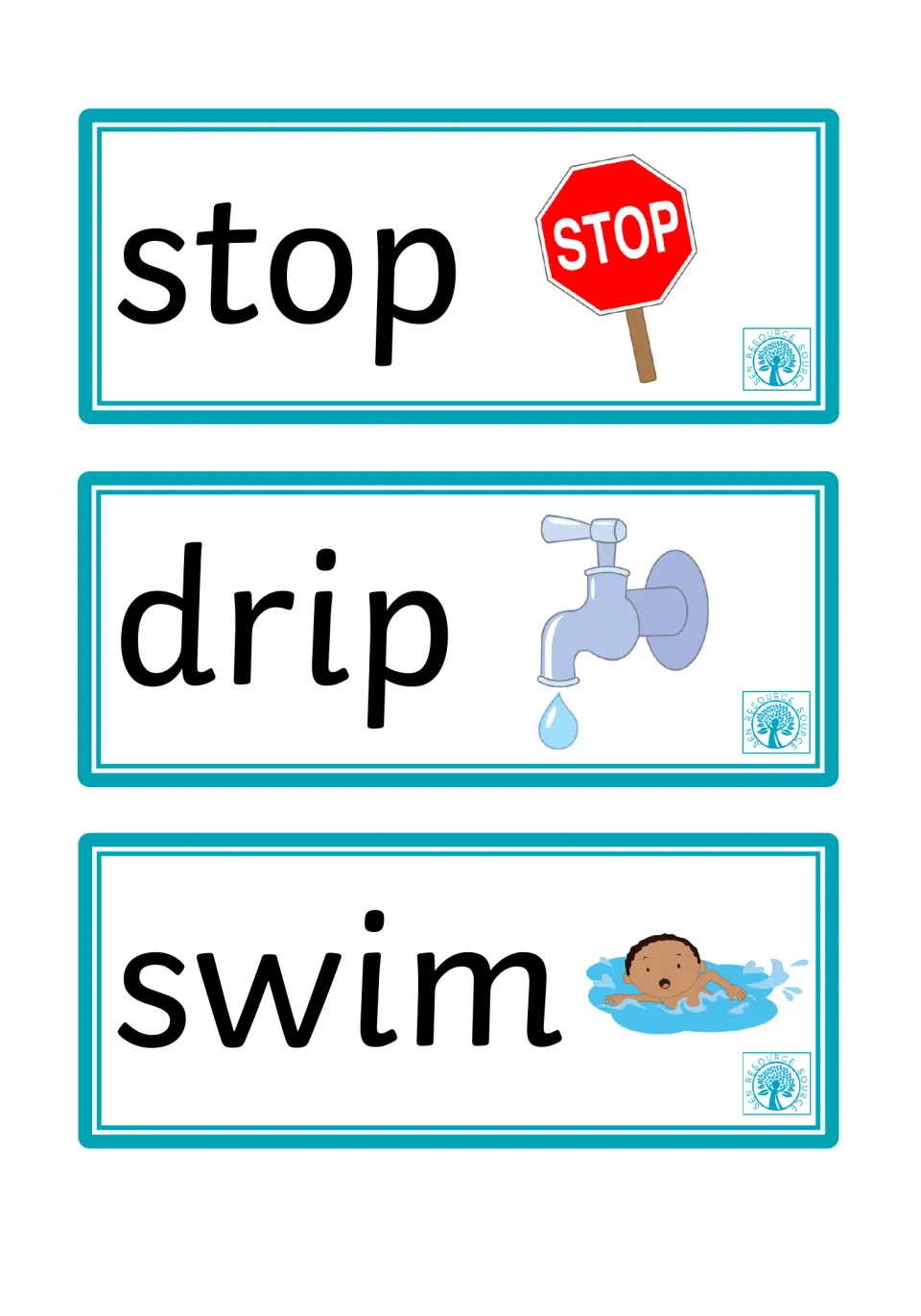 Word and picture flashcards 13–15: stop, drip, and swim, with a stop sign, dripping faucet, and swimmer
