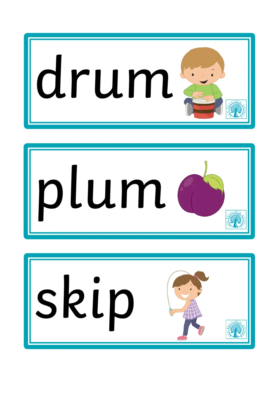 Word and picture flashcards 16–18: drum, plum, and skip, with a child playing a drum, plum, and jump rope
