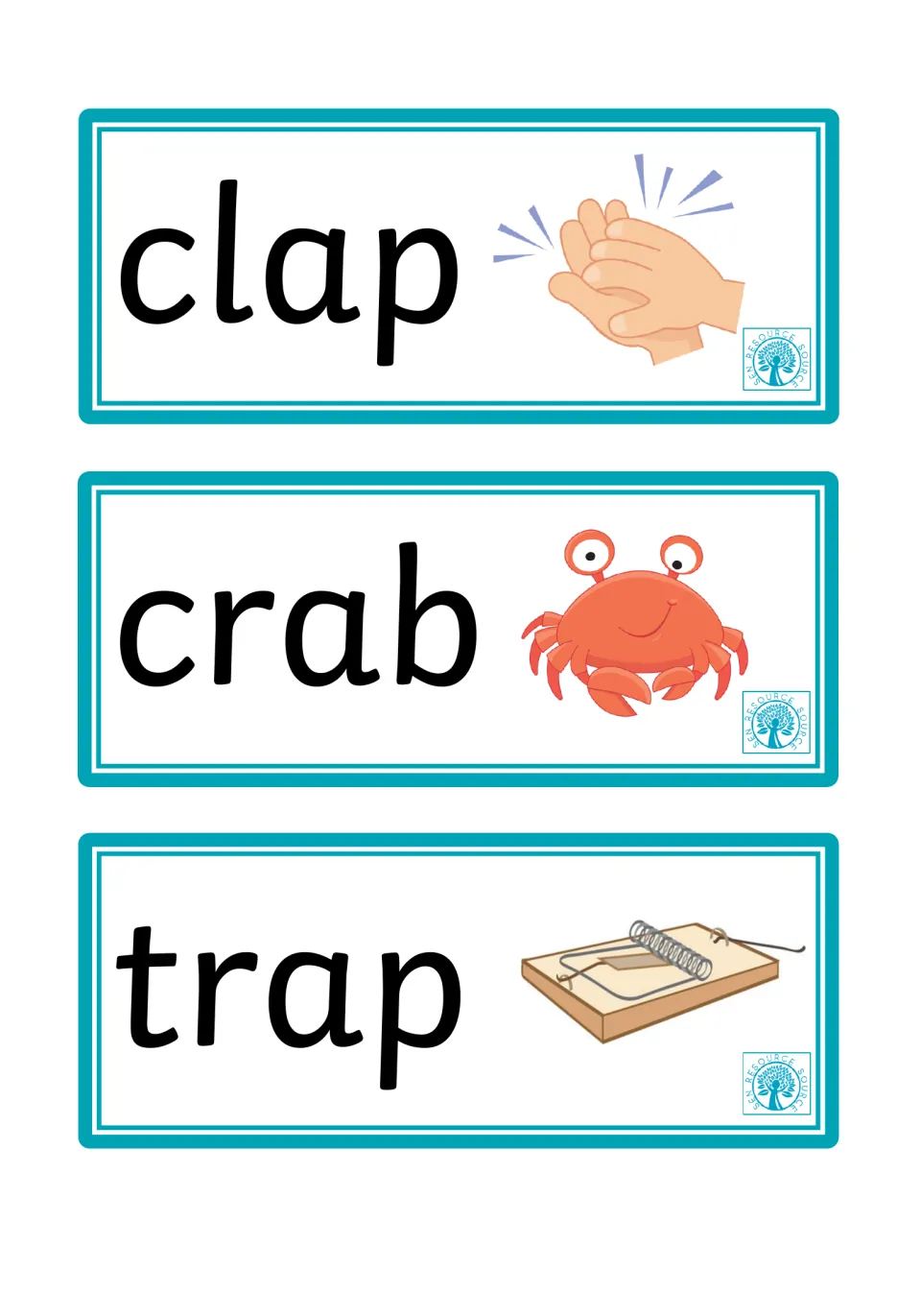 Word and picture flashcards 19–21: clap, crab, and trap, paired with clapping hands, a crab, and a mousetrap