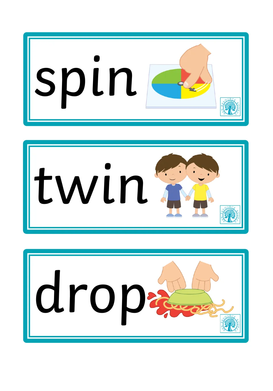 Word and picture flashcards 22–24: spin, twin, and drop, showing a spinner, twin boys, and dropped food