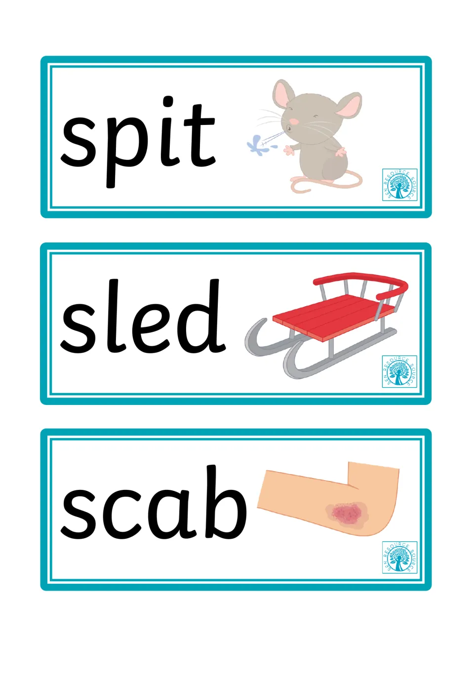 Word and picture flashcards 25–27: spit, sled, and scab, showing a spitting mouse, sled, and scab on an elbow