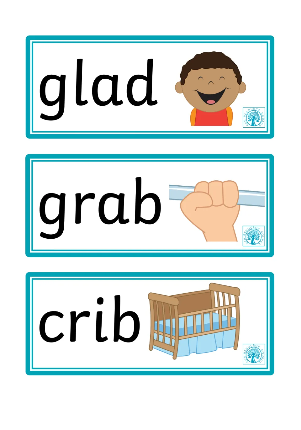 Word and picture flashcards 28–30: glad, grab, and crib, with a smiling child, grasping hand, and baby crib