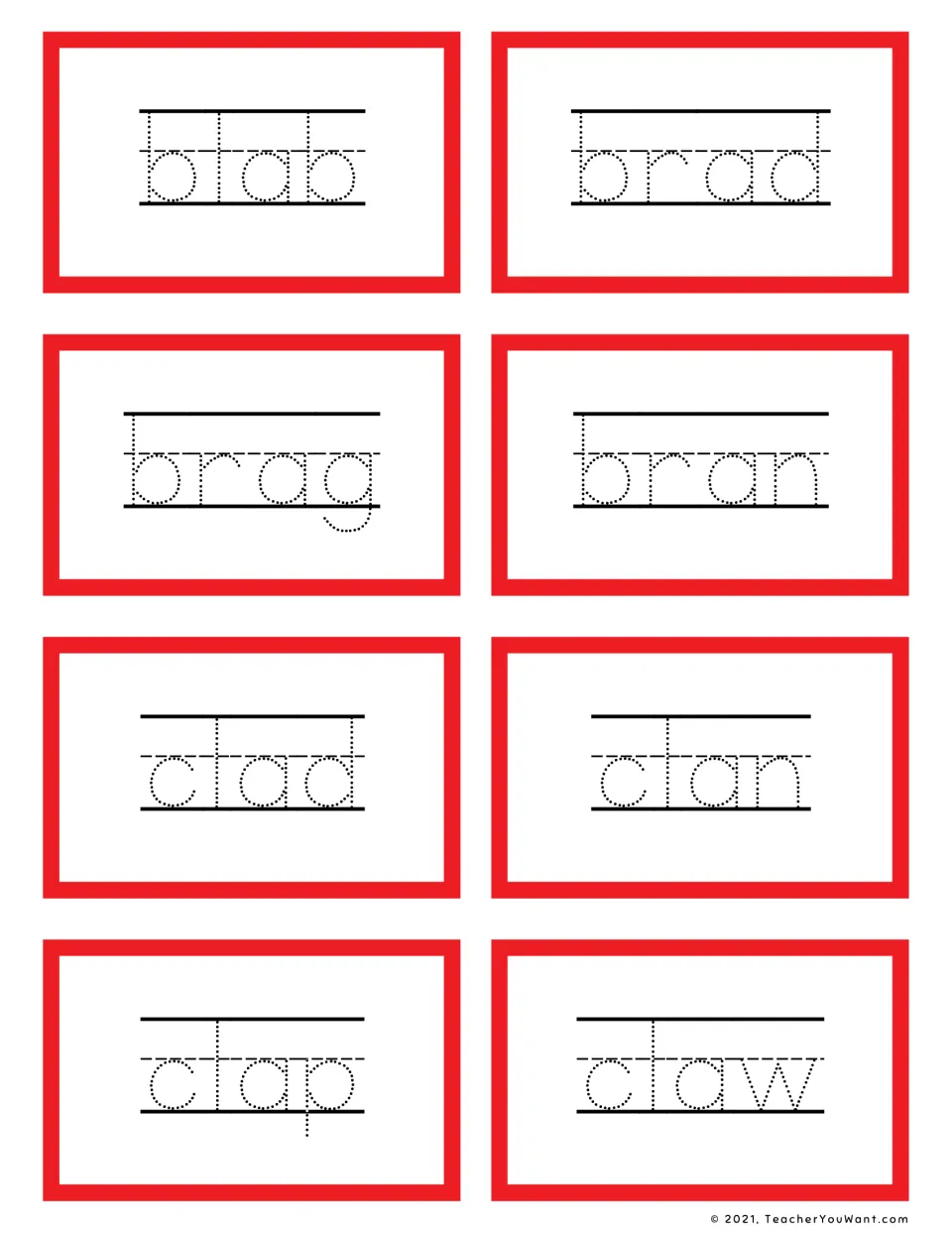 Short a CCVC tracing flashcards: students trace dotted letters of blab, brad, brag, bran, clad, clan, clap and claw