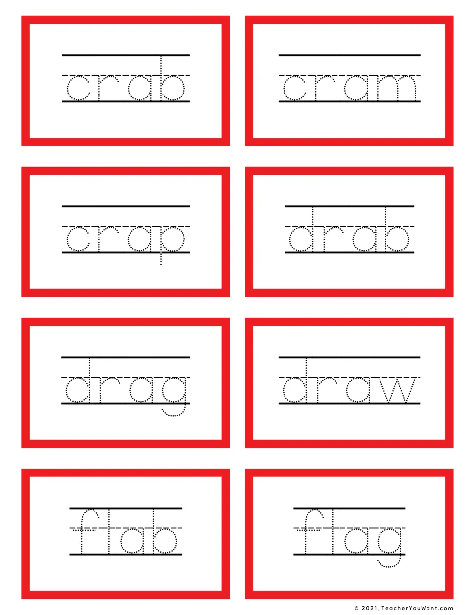 Short a CCVC tracing cards for crab, cram, crap, drab, drag, draw, flab and flag; students trace each dotted word