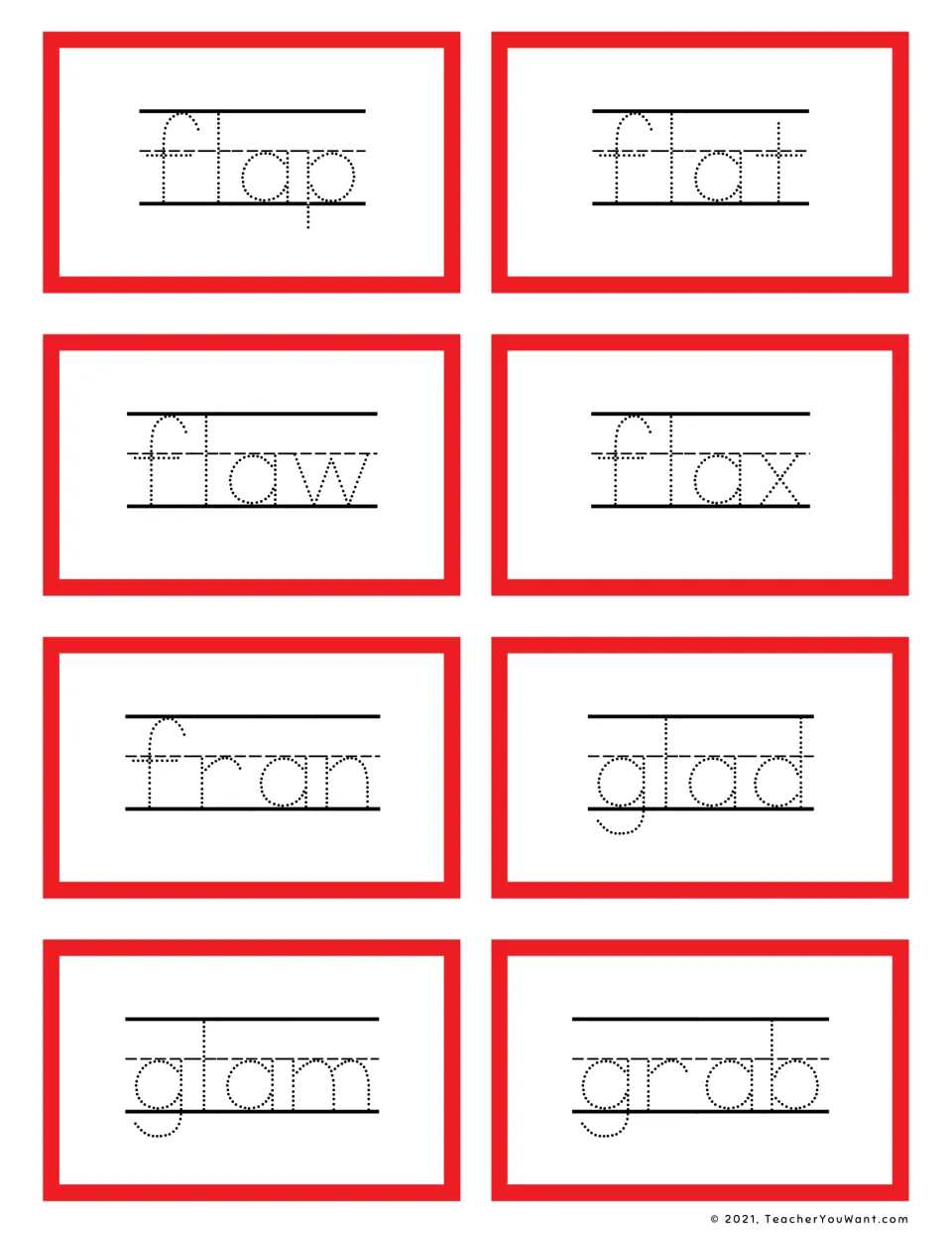 Short a blends: eight dotted-letter cards for tracing flap, flat, flaw, flax, fran, glad, glam and grab