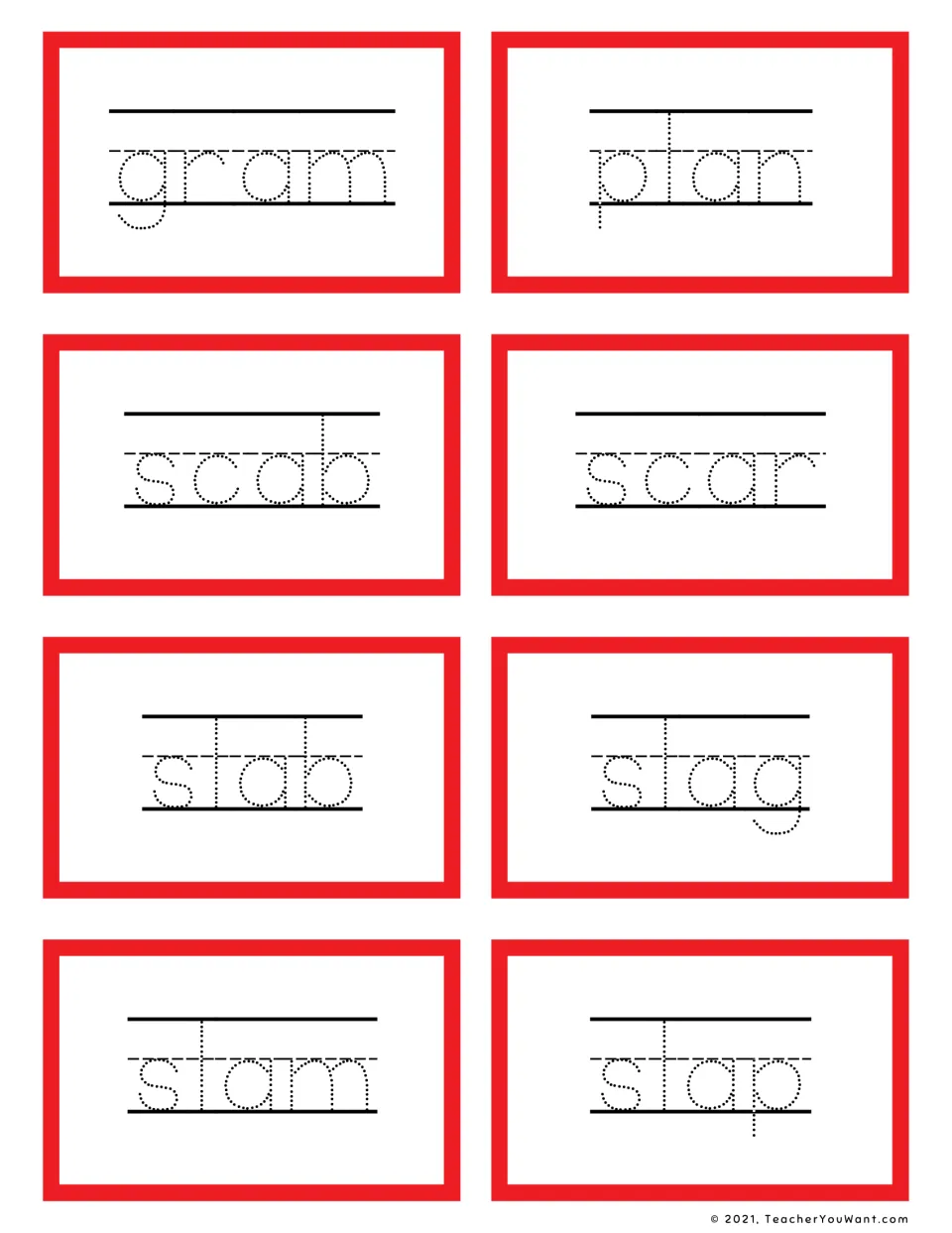 Short a word tracing: students trace gram, plan, scab, scar, slab, slag, slam and slap on cut-apart flashcards