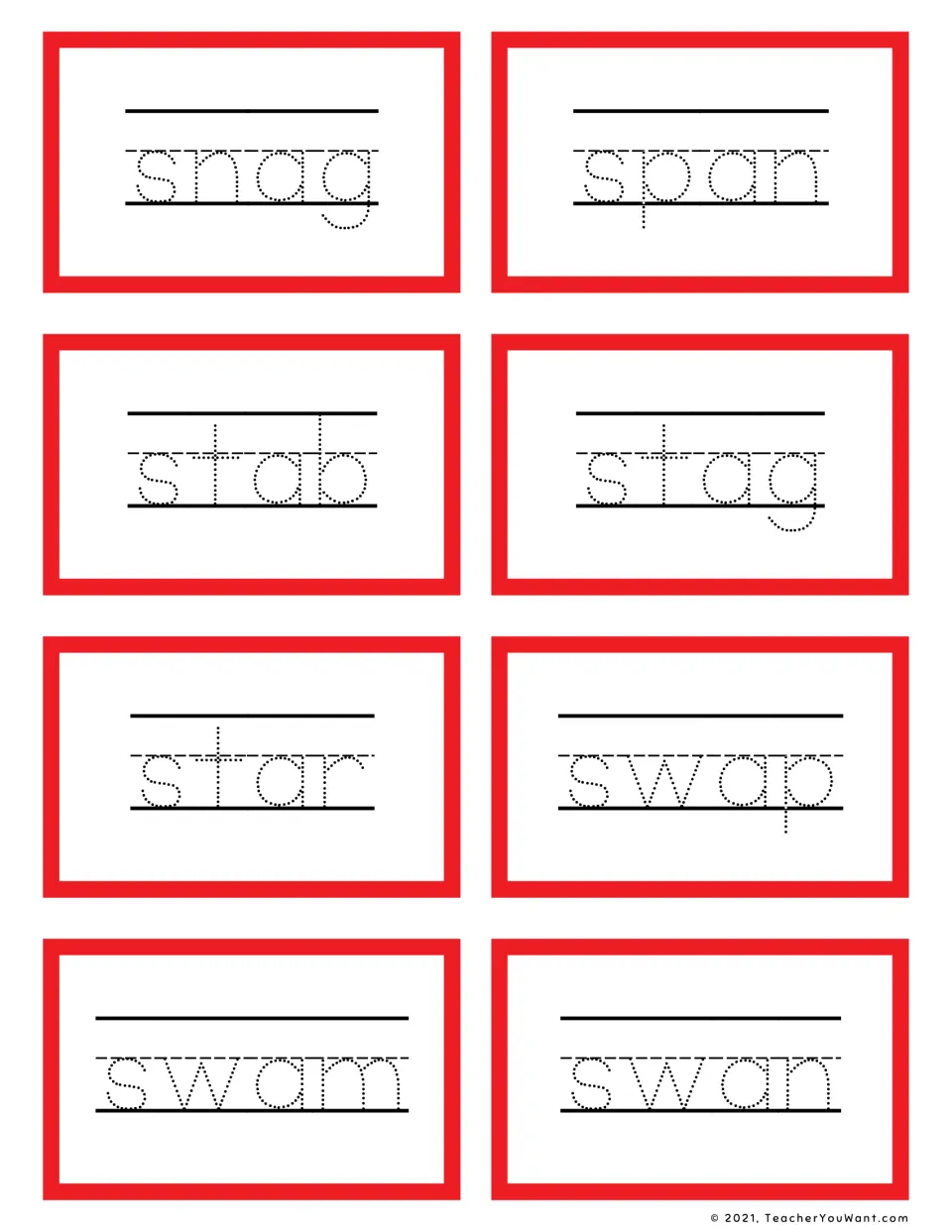 Short a s-blend cards: students trace the dotted words snag, span, stab, stag, star, swap, swam and swan