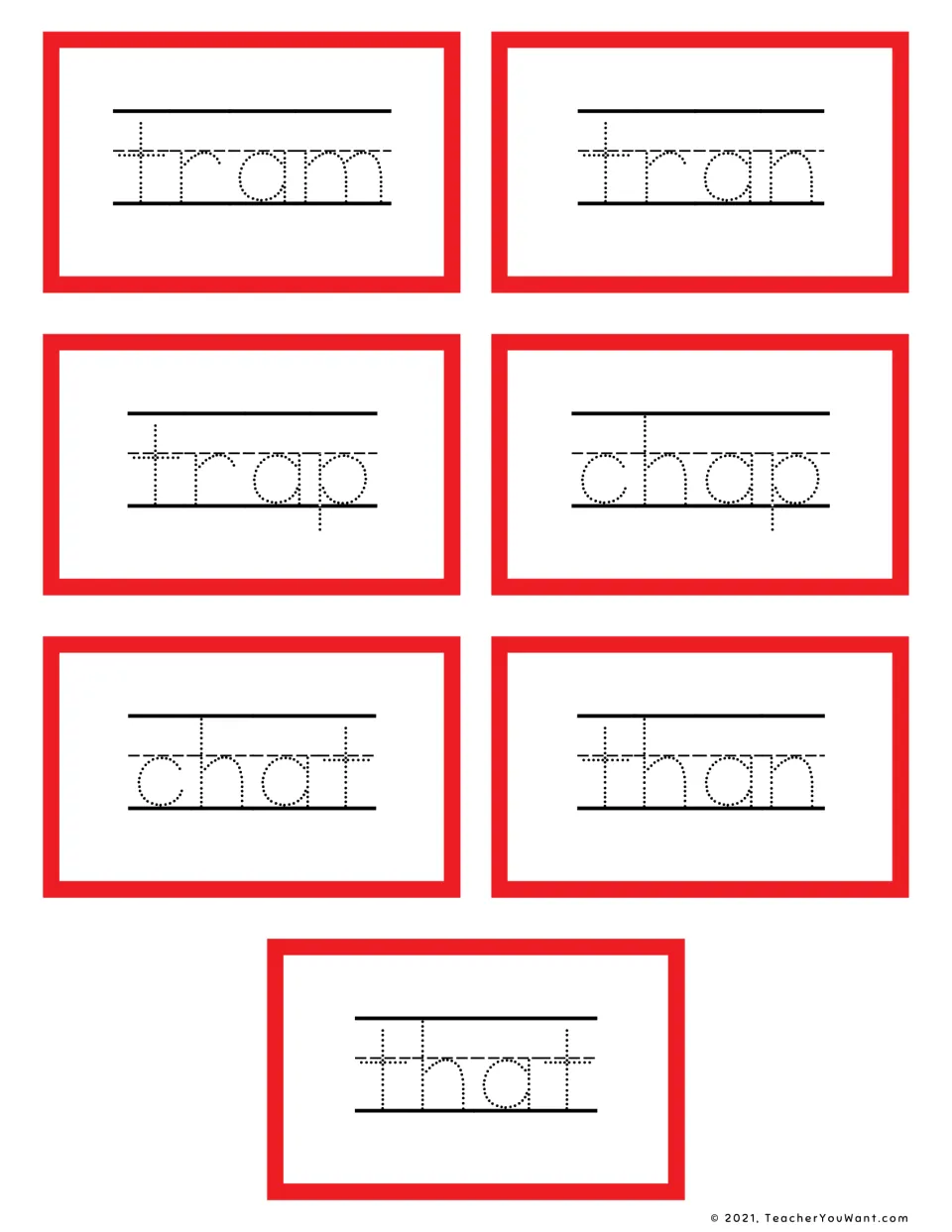 Short a tracing cards with tr, ch and th: students trace tram, tran, trap, chap, chat, than and that
