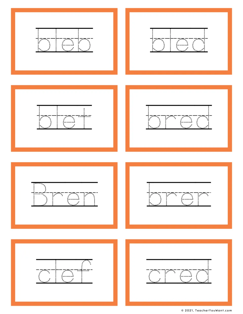 Short e CCVC tracing flashcards: students trace dotted letters of bleb, bled, blet, bred, Bren, brer, clef and cred