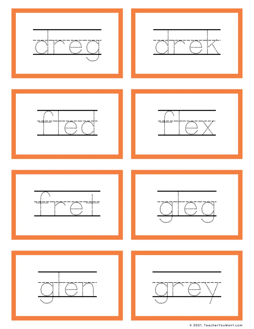 Short e tracing cards for dreg, drek, fled, flex, fret, gleg, glen and grey; students trace each dotted word