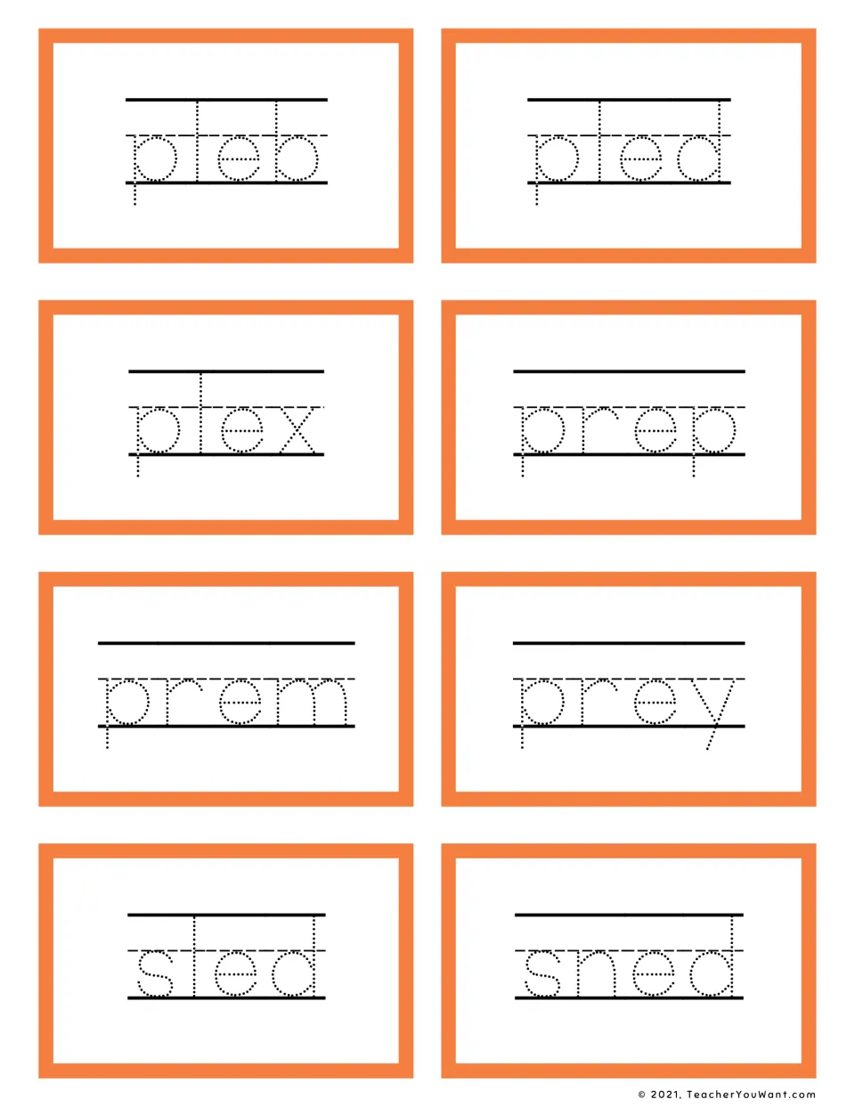 Short e blends: eight dotted-letter cards for tracing pleb, pled, plex, prep, prem, prey, sled and sned