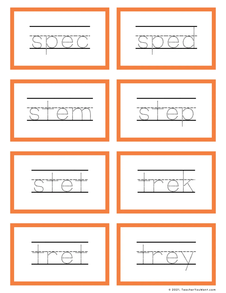 Short e word tracing: students trace spec, sped, stem, step, stet, trek, tret and trey on cut-apart flashcards
