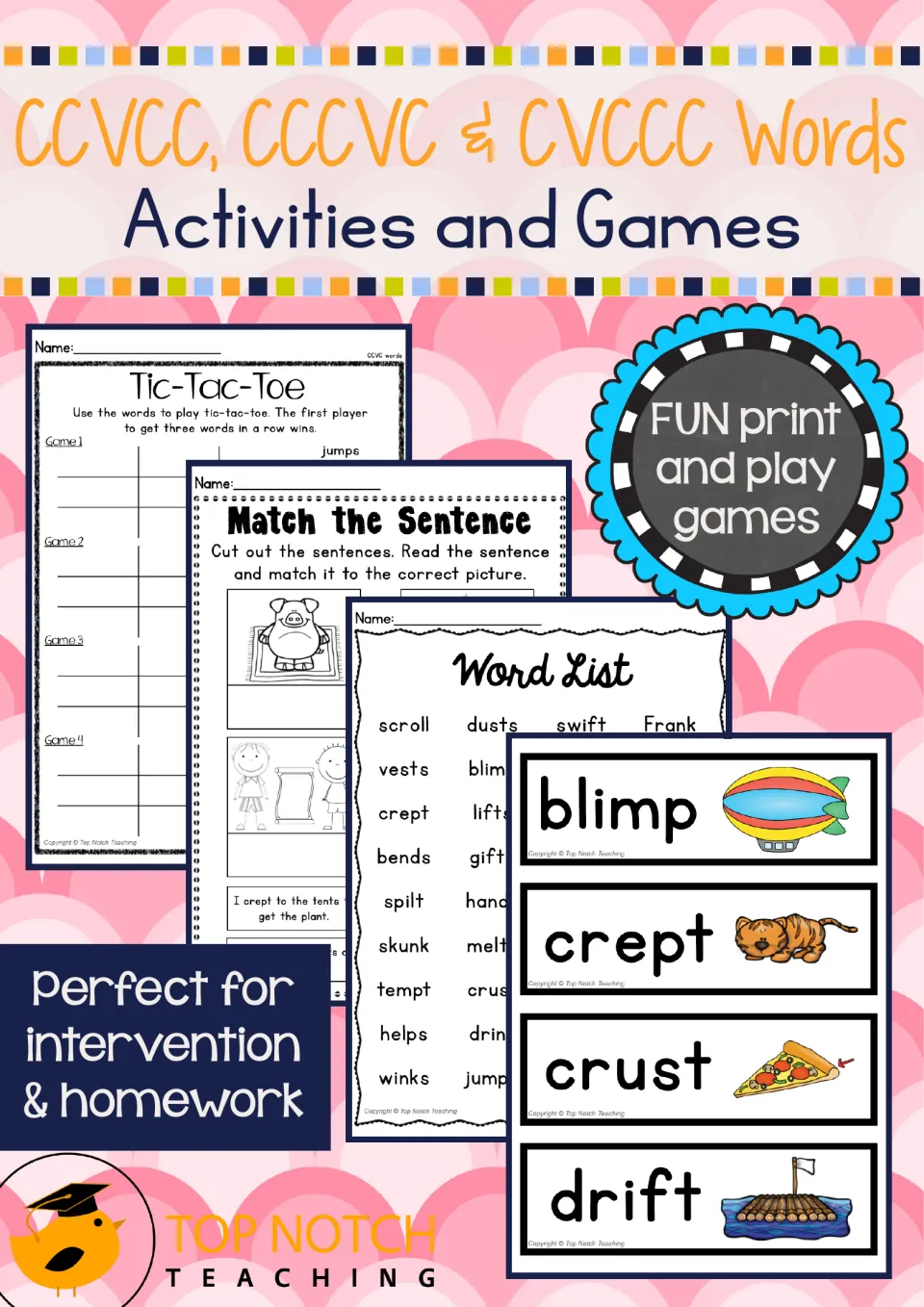 Cover: CCVCC, CCCVC & CVCCC Words Activities and Games, showing tic-tac-toe, match-the-sentence, word list and word cards