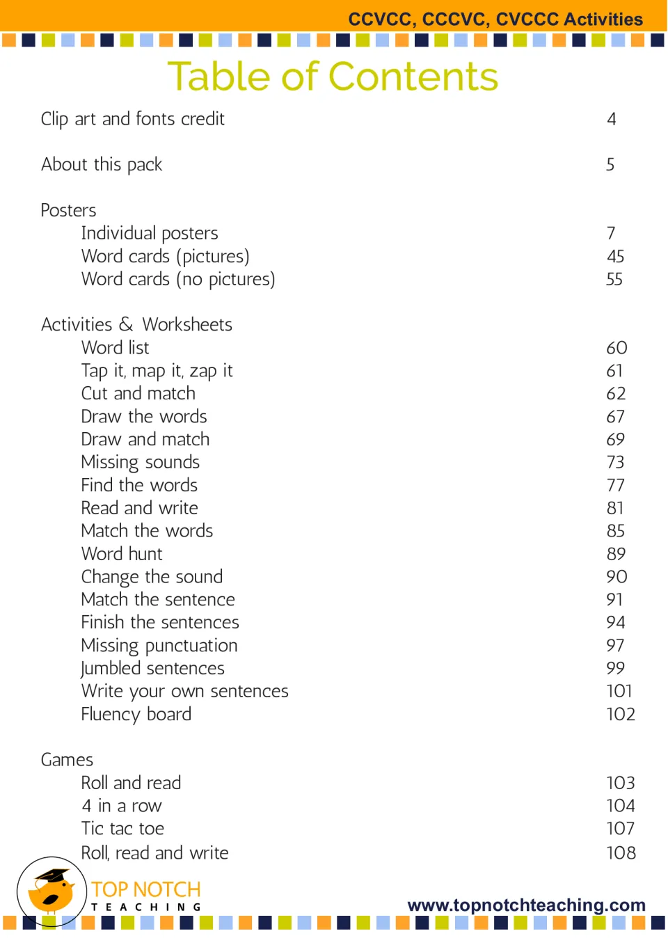 Table of contents listing posters, word cards, 17 activities such as Tap it, map it, zap it, and 4 games like Roll and read