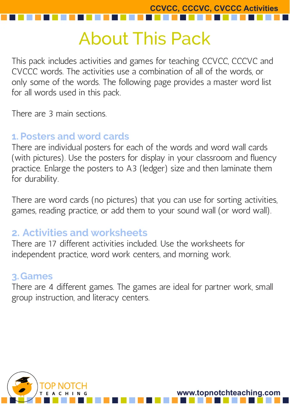 About This Pack: notes on the 3 sections, posters and word cards, 17 activities and worksheets, and 4 games