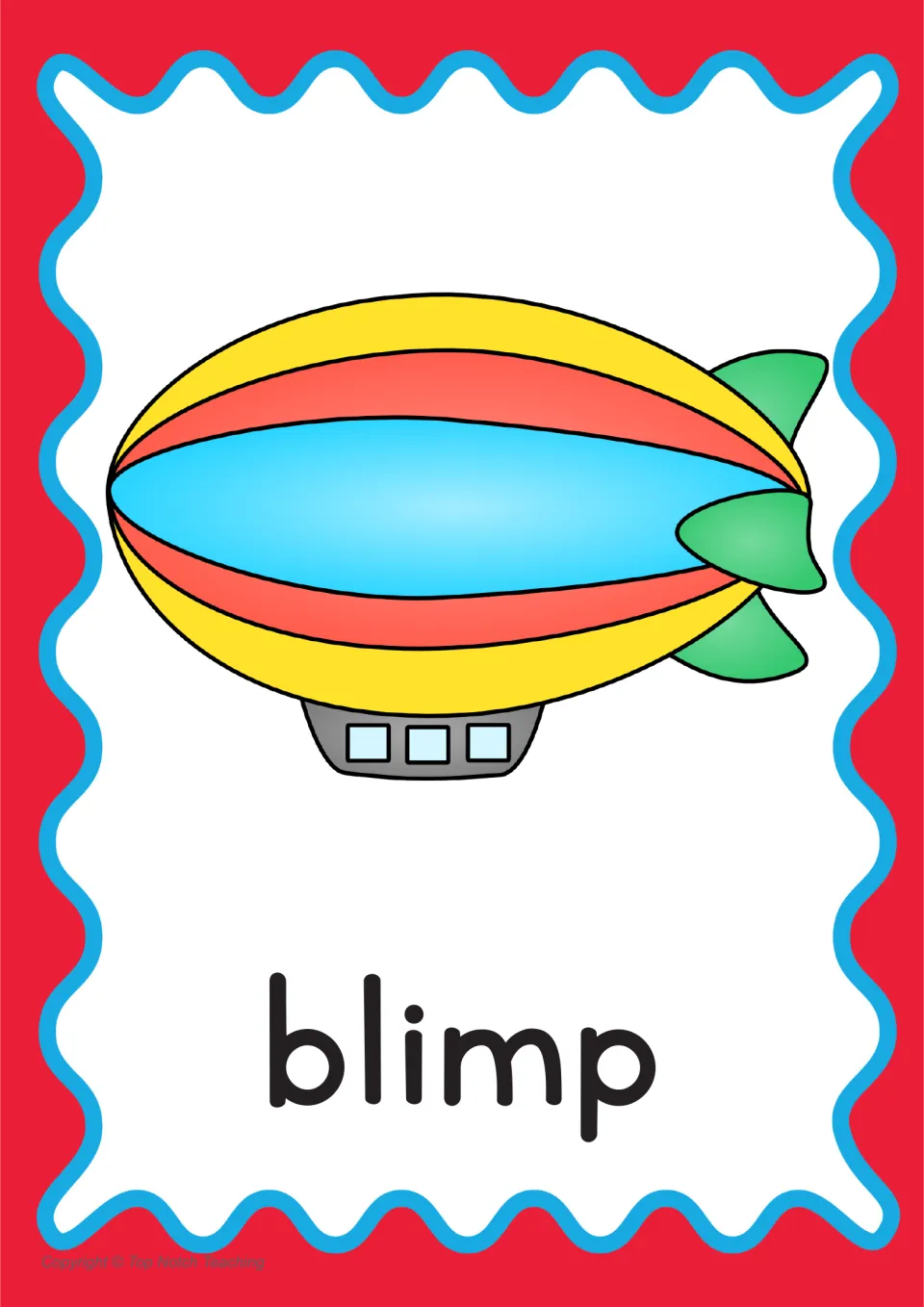 Blimp word poster: the CCVCC word blimp printed under a colorful striped airship picture for reading consonant blends