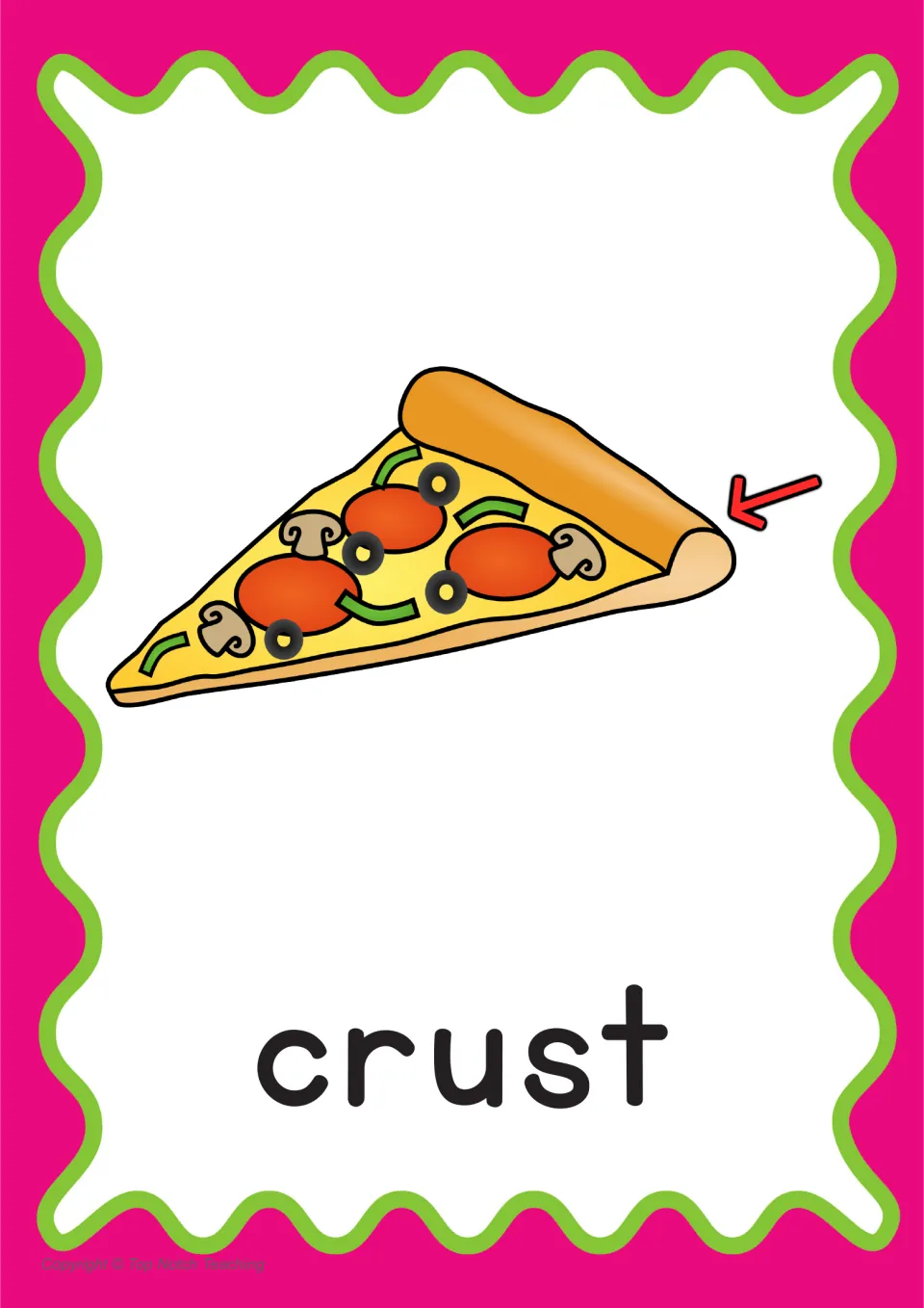 Crust word poster: the CCVCC word crust with a pizza slice and a red arrow pointing to its crust edge
