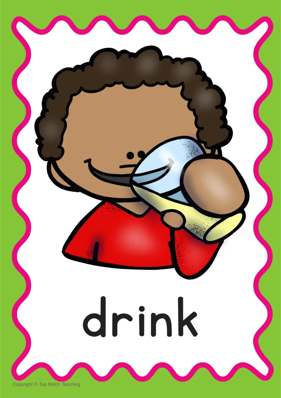 Drink word poster: the CCVCC word drink under a picture of a child in a red shirt drinking from a glass