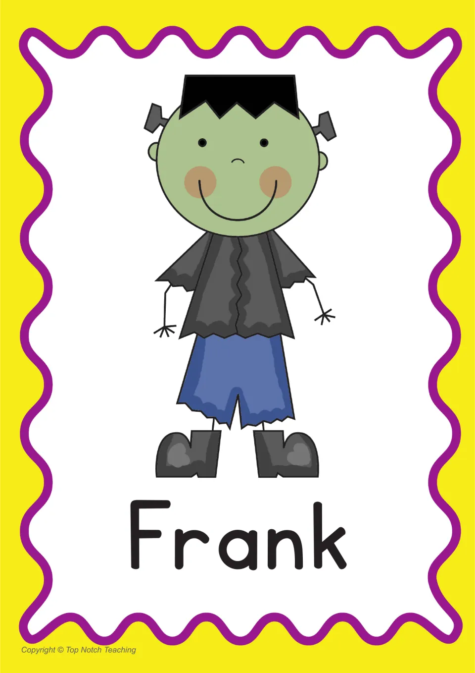 Frank word poster: the capitalized CCVCC name Frank shown with a smiling green Frankenstein-style character
