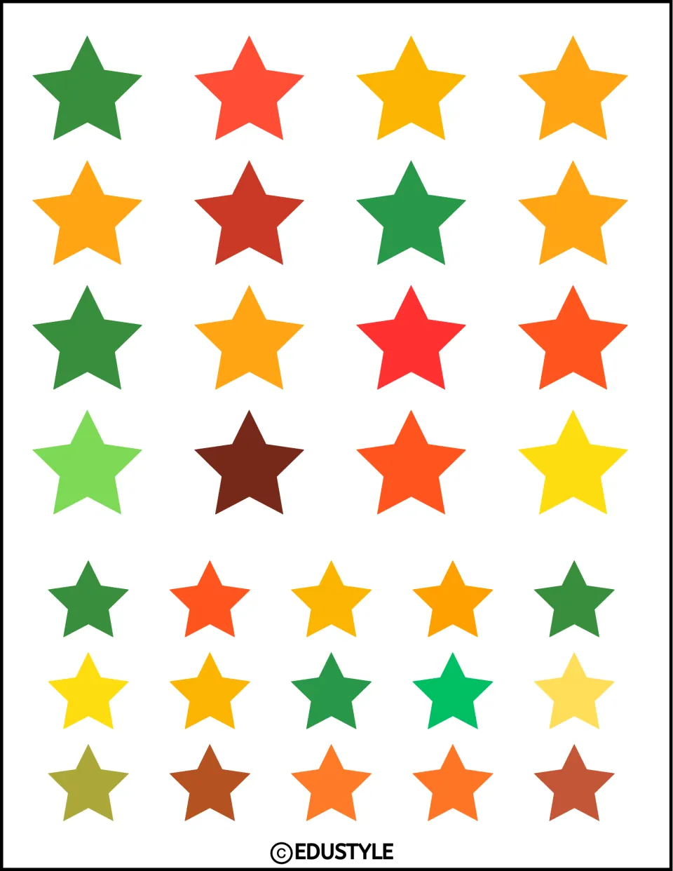 Star cut-outs in two sizes: 16 large and 15 small stars in greens, reds, oranges, yellows and browns for a display