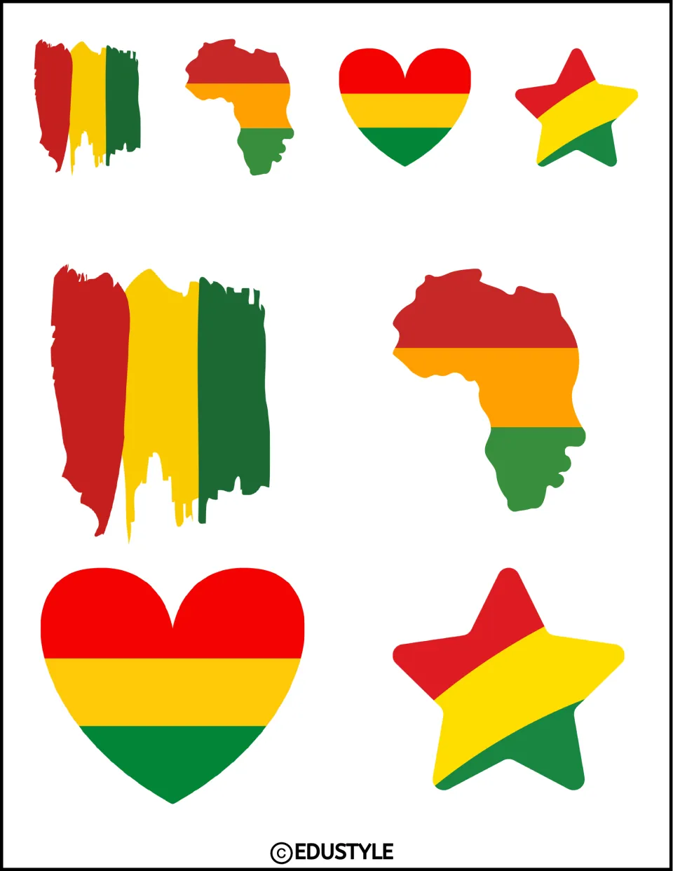 Red, yellow and green decorations: paint-stroke stripes, an Africa map outline, a heart and a star in small and large sizes